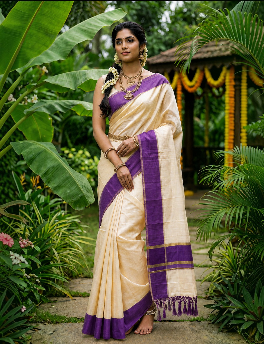 House Of Paramya ivory cotton saree with purple border and gold zari, worn by a woman in a lush garden setting.