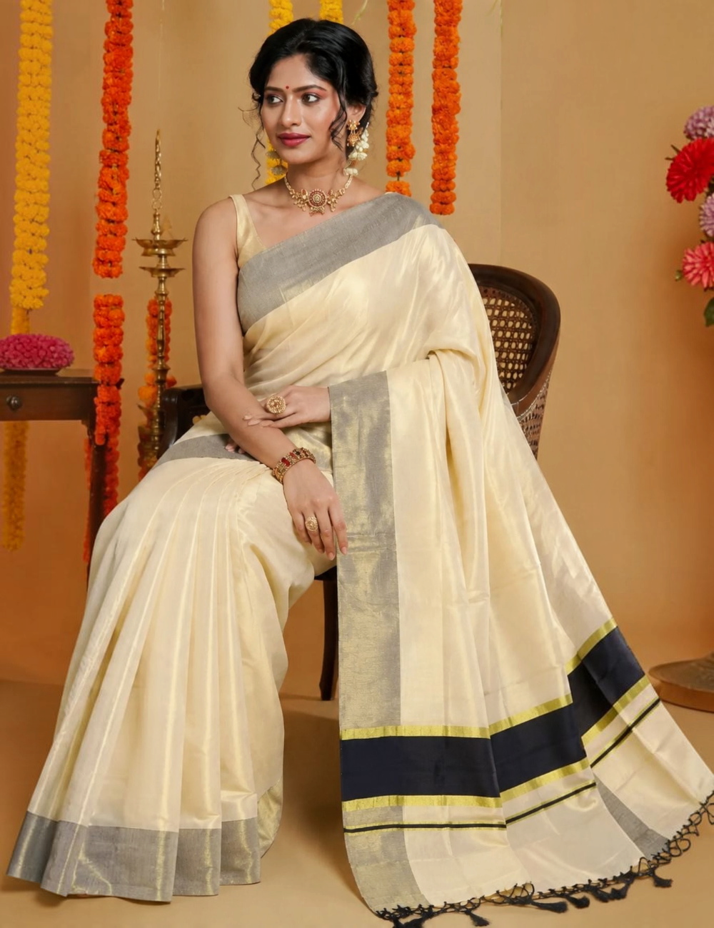 House Of Paramya ivory tissue Kasavu saree featuring a grey-gold zari border and a contrast black stripe pallu
