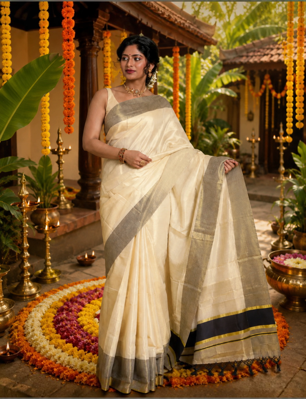 House Of Paramya ivory tissue Kasavu saree with grey-gold zari border and black stripe pallu worn by a woman