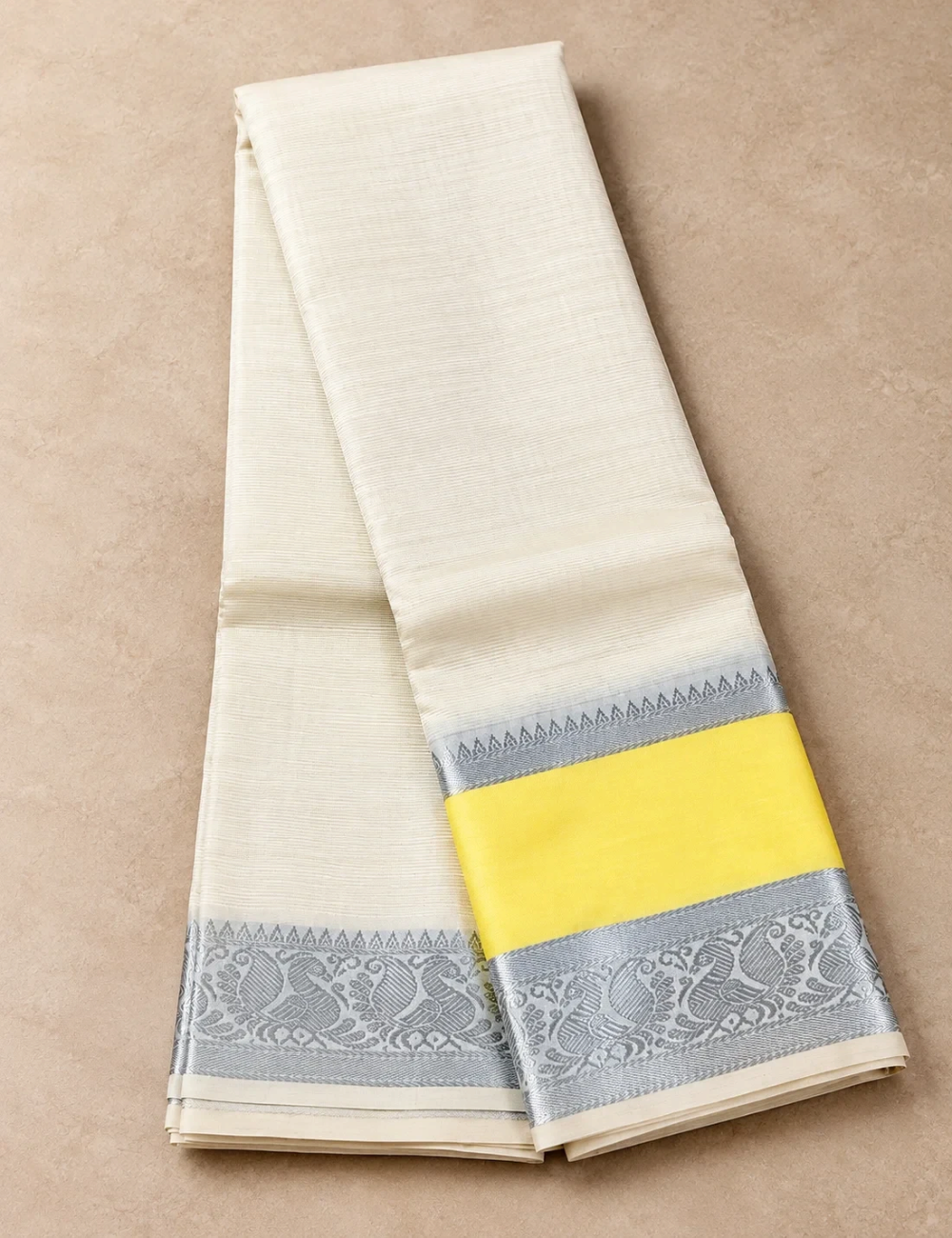 House Of Paramya ivory white Mangalagiri Pattu saree with a yellow border and intricate silver zari nizam detailing.