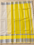 House Of Paramya ivory white Mangalagiri Pattu saree featuring a bold yellow border with silver zari nizam stripes.