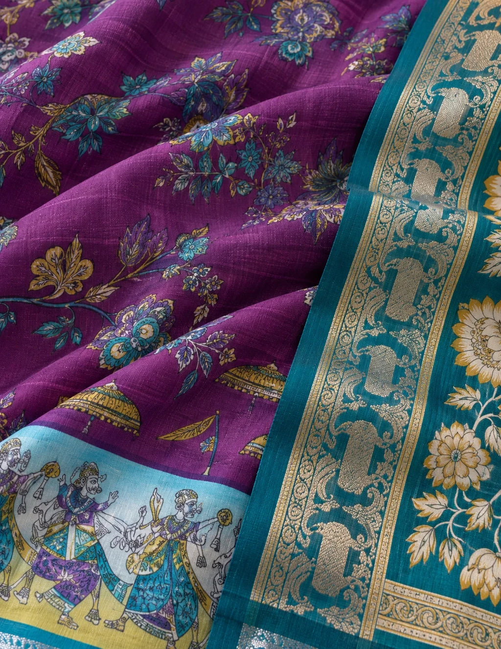 House Of Paramya linen silk saree featuring intricate maroon pen kalamkari floral art and a teal zari border