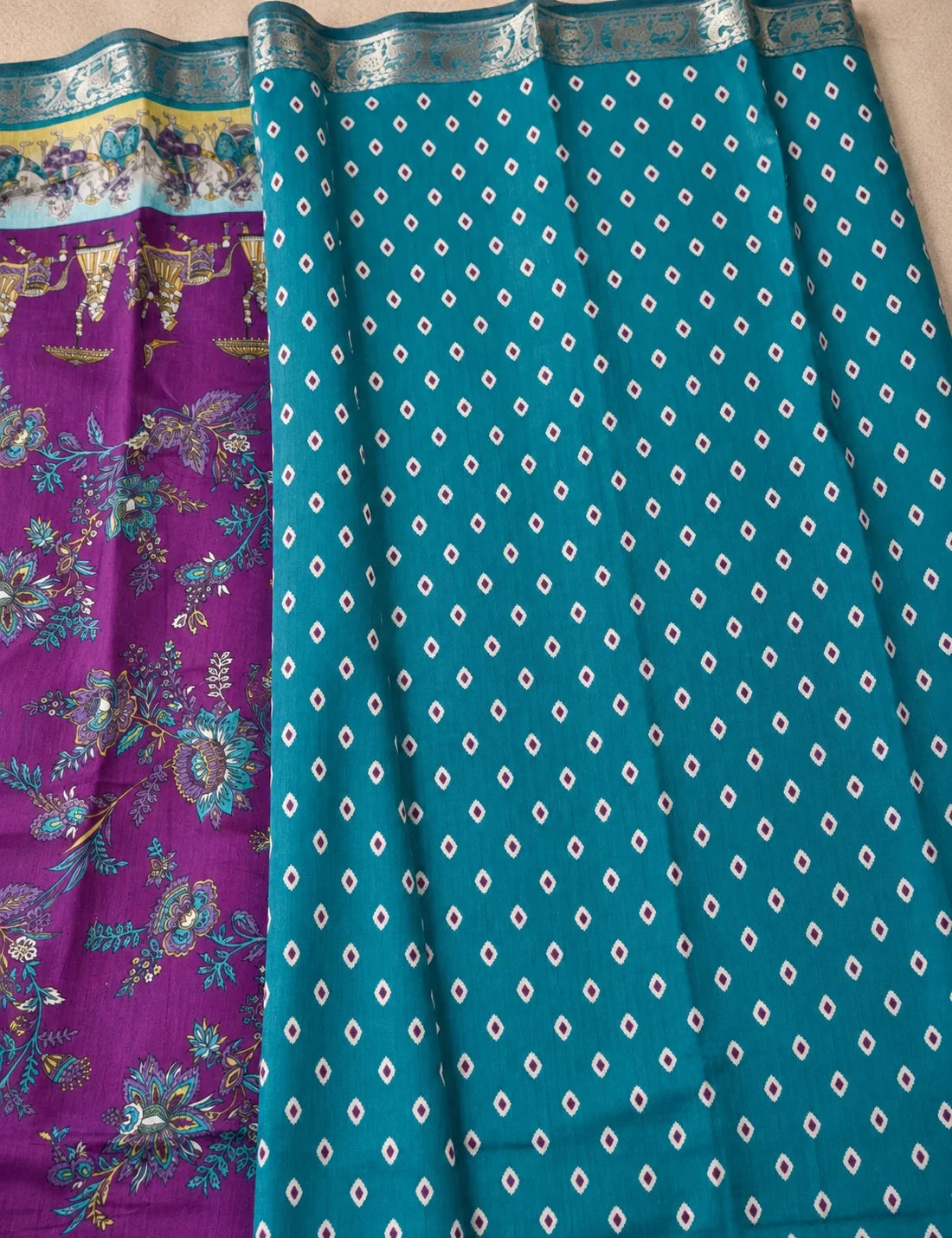 House Of Paramya linen silk saree featuring maroon kalamkari floral patterns and a teal fabric with diamond motifs.