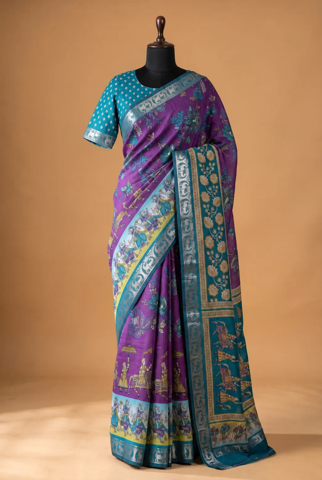 House Of Paramya purple and teal linen silk saree with traditional pen kalamkari folk art motifs and zari border.