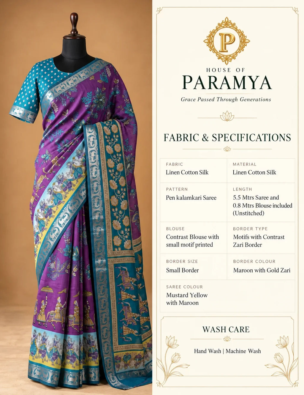 House Of Paramya purple and teal pen Kalamkari linen cotton silk saree with intricate folk motifs and zari border
