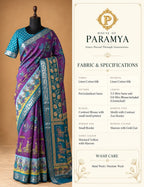 House Of Paramya purple and teal pen Kalamkari linen cotton silk saree with intricate folk motifs and zari border