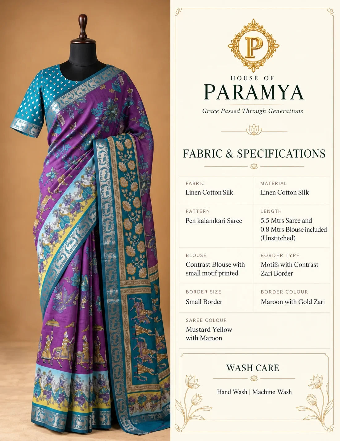 House Of Paramya purple and teal pen Kalamkari linen cotton silk saree with intricate folk motifs and zari border