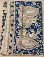 House Of Paramya beige and indigo mul cotton saree featuring intricate hand-painted Kalamkari Pichwai peacock motifs.