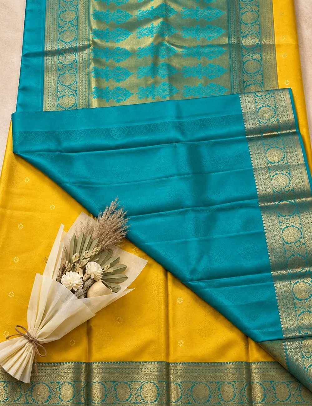 House Of Paramya mustard yellow and turquoise blue Kanchipuram silk saree with gold zari floral buttas and border