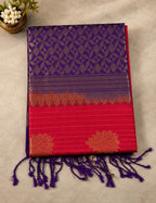 House Of Paramya pink and purple Kanchipuram silk saree with intricate gold zari floral patterns and purple tassels.