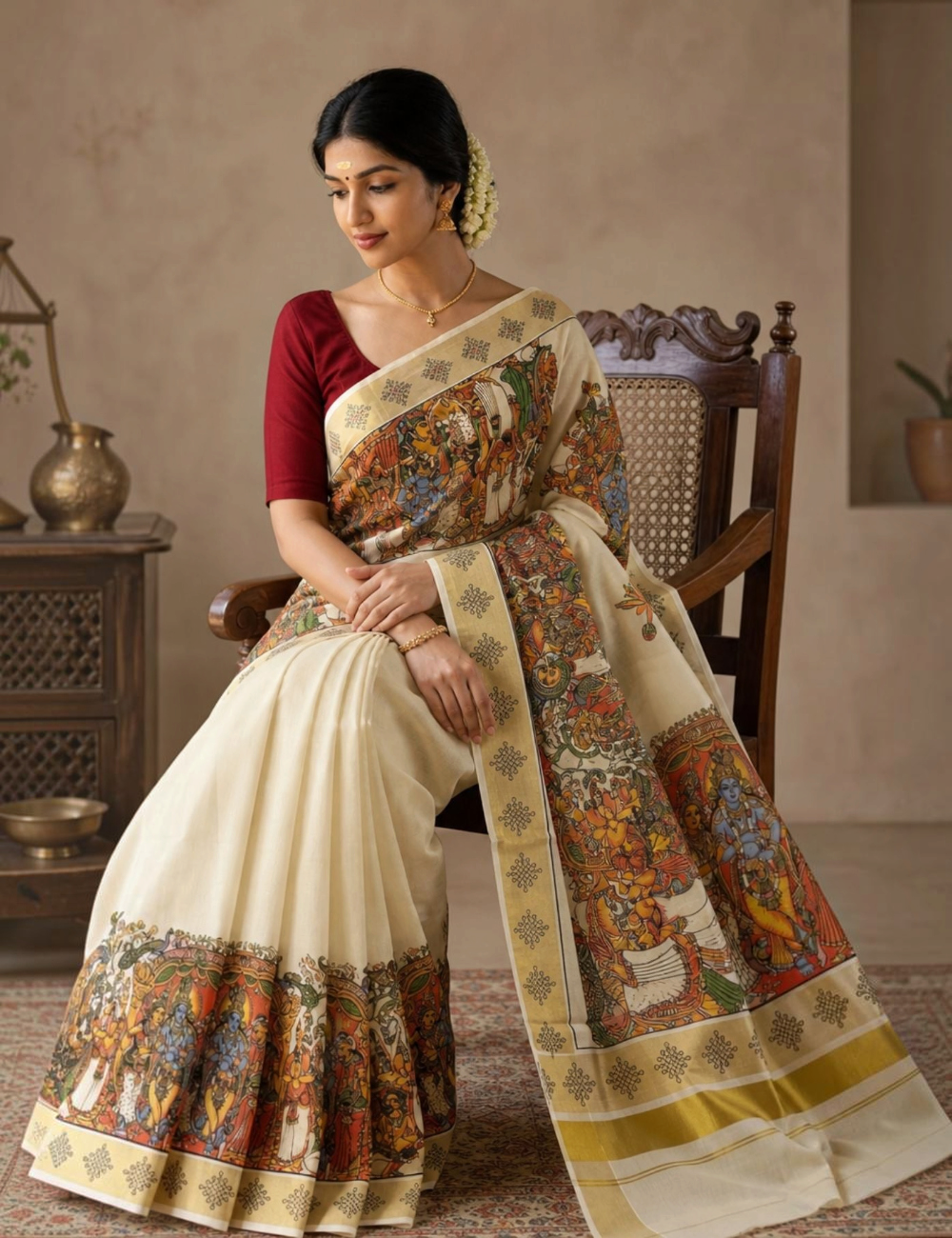 House Of Paramya cream tissue Kasavu saree featuring a multicolor Seetha Kalyanam Kerala mural print and gold border.