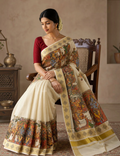 House Of Paramya cream tissue Kasavu saree featuring a multicolor Seetha Kalyanam Kerala mural print and gold border.