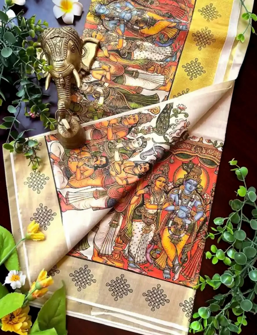 House Of Paramya cream tissue Kasavu saree featuring a multicolor Seetha Kalyanam Kerala mural print and gold border.