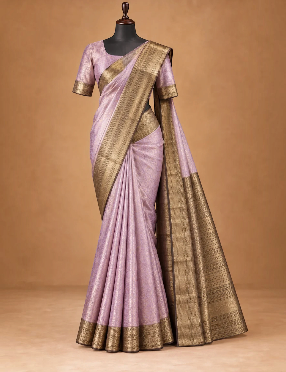 House Of Paramya lavender semi Kanchipuram silk saree with self jacquard geometric pattern and antique gold zari border