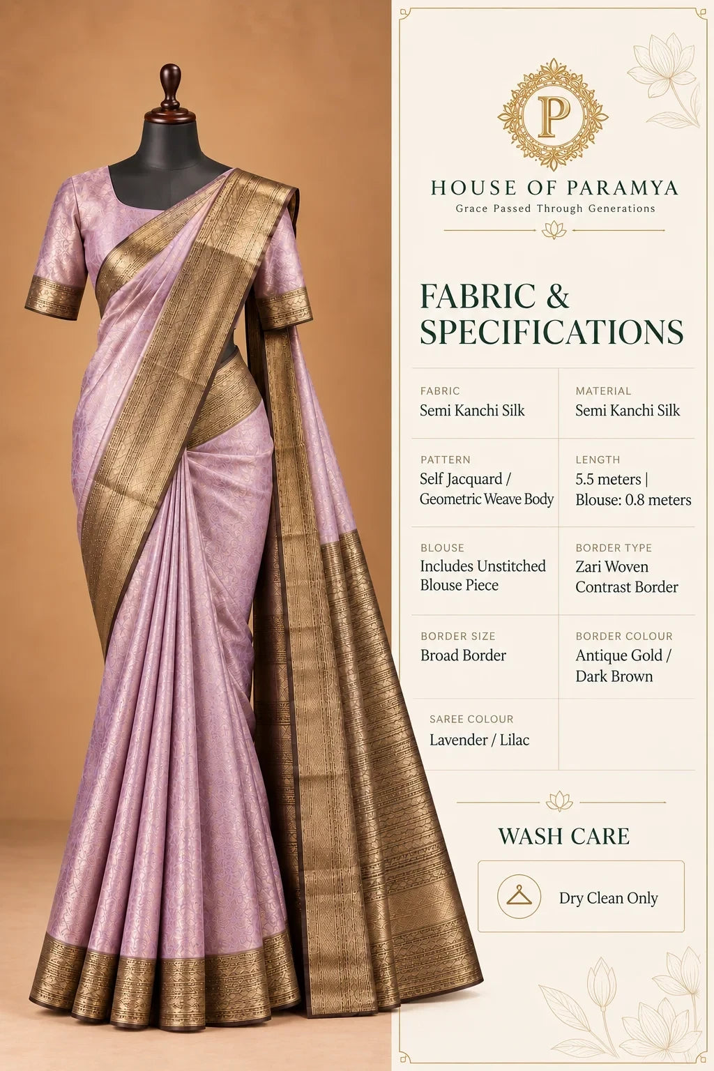 House Of Paramya lavender semi Kanchipuram silk saree with geometric jacquard pattern and antique gold zari border.