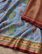 House Of Paramya lavender Pashmina silk saree with teal peacock Meenakari motifs and a rich antique gold zari border.
