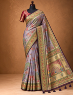 House Of Paramya lavender Pashmina silk saree with intricate gold zari border and vibrant peacock Meenakari motifs.