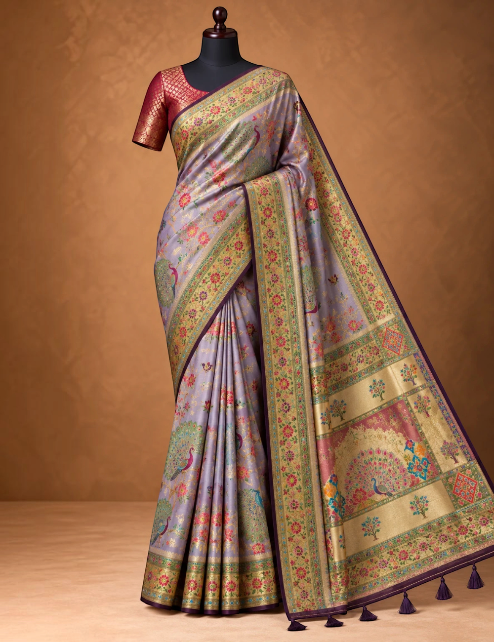 House Of Paramya lavender Pashmina silk saree with intricate gold zari border and vibrant peacock Meenakari motifs.
