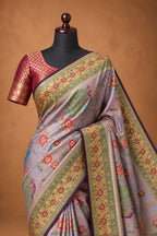House Of Paramya lavender Pashmina silk saree featuring intricate peacock Meenakari motifs and a gold zari border.