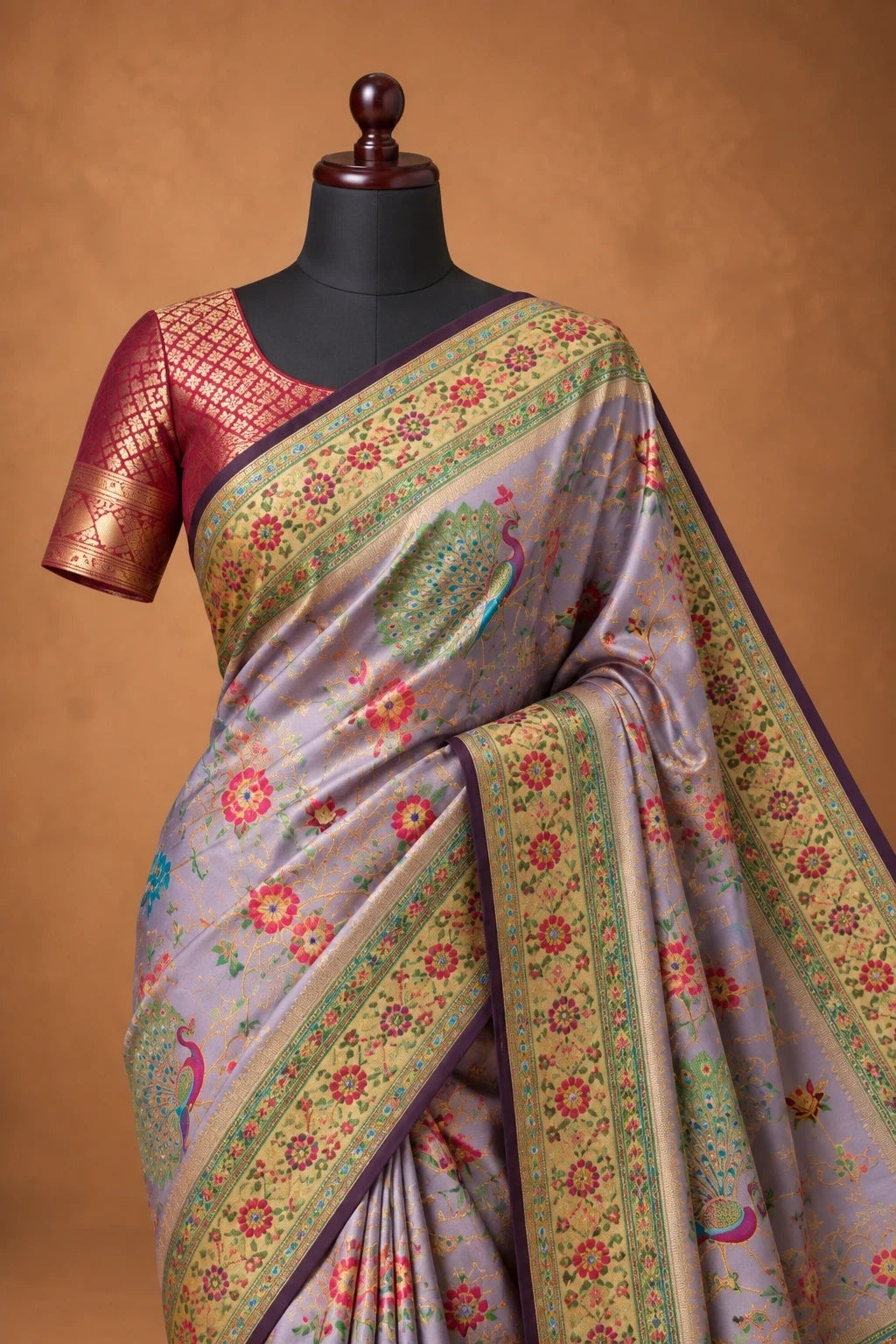 House Of Paramya lavender Pashmina silk saree featuring intricate peacock Meenakari motifs and a gold zari border.