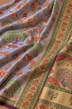 House Of Paramya lavender Pashmina silk saree featuring intricate Meenakari peacock motifs and a gold zari border.