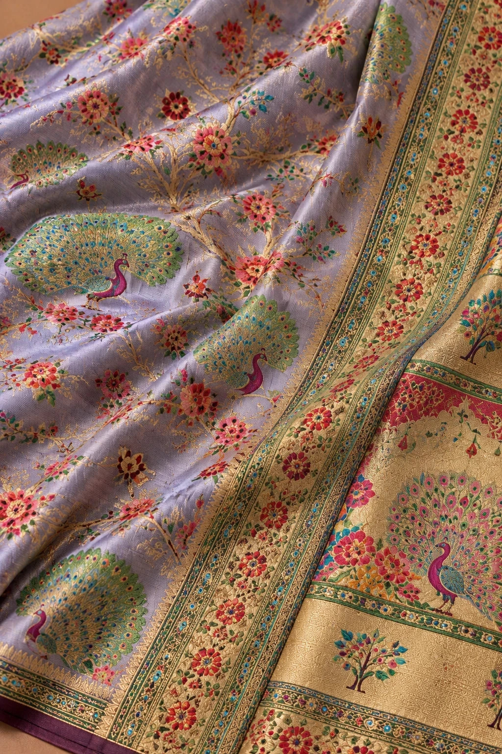 House Of Paramya lavender Pashmina silk saree featuring intricate Meenakari peacock motifs and a gold zari border.