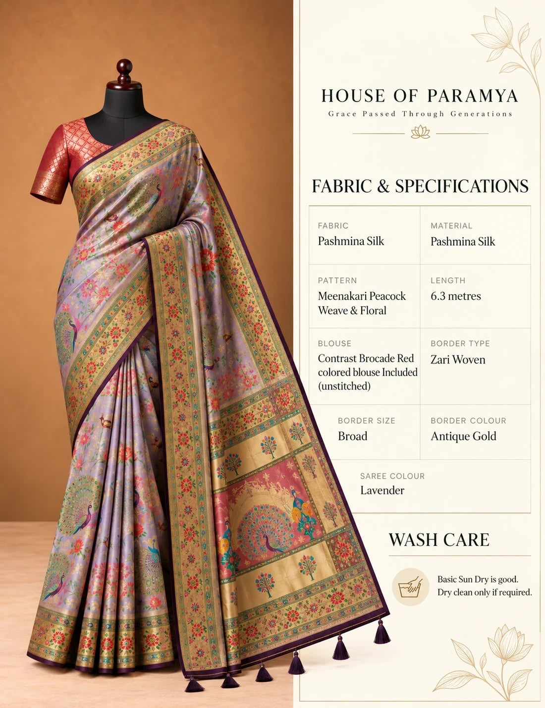 House Of Paramya lavender Pashmina silk saree featuring intricate Meenakari peacock motifs and an antique gold zari border