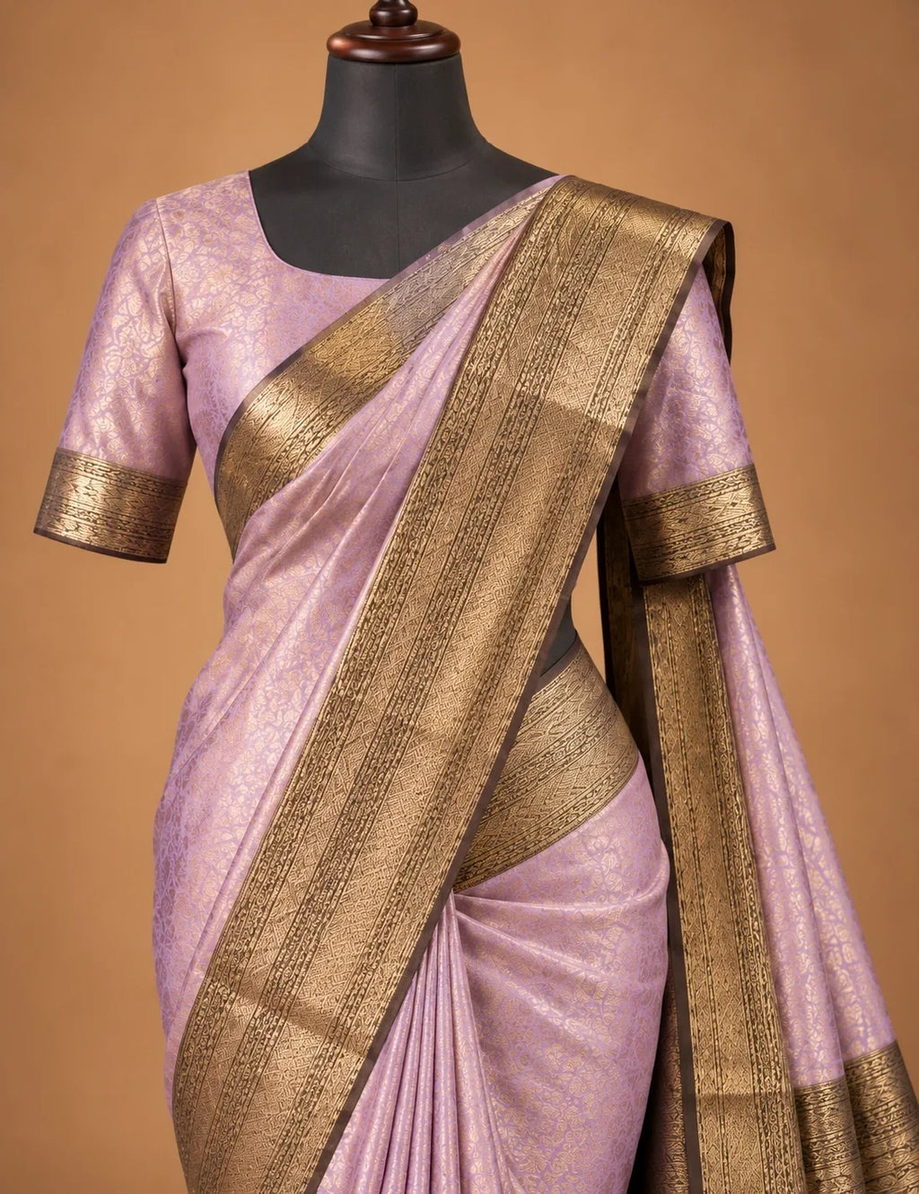 House Of Paramya lavender semi Kanchipuram silk saree with self jacquard geometric pattern and antique gold zari border