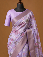 House Of Paramya lavender Tussar silk saree featuring a floral print and an elegant woven copper zari border.