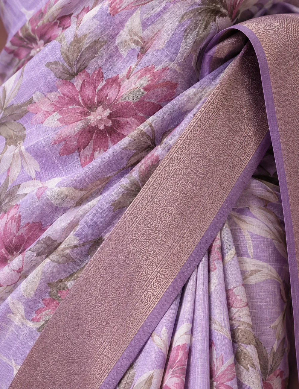 House Of Paramya lavender Tussar silk saree featuring a floral print and an intricate woven copper zari border.