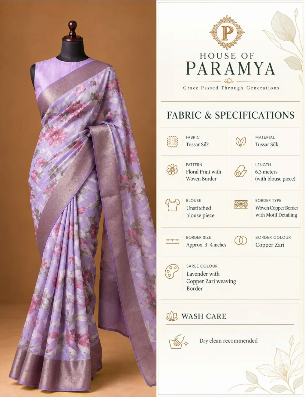 House Of Paramya lavender Tussar silk saree featuring a floral print and an elegant woven copper zari border.