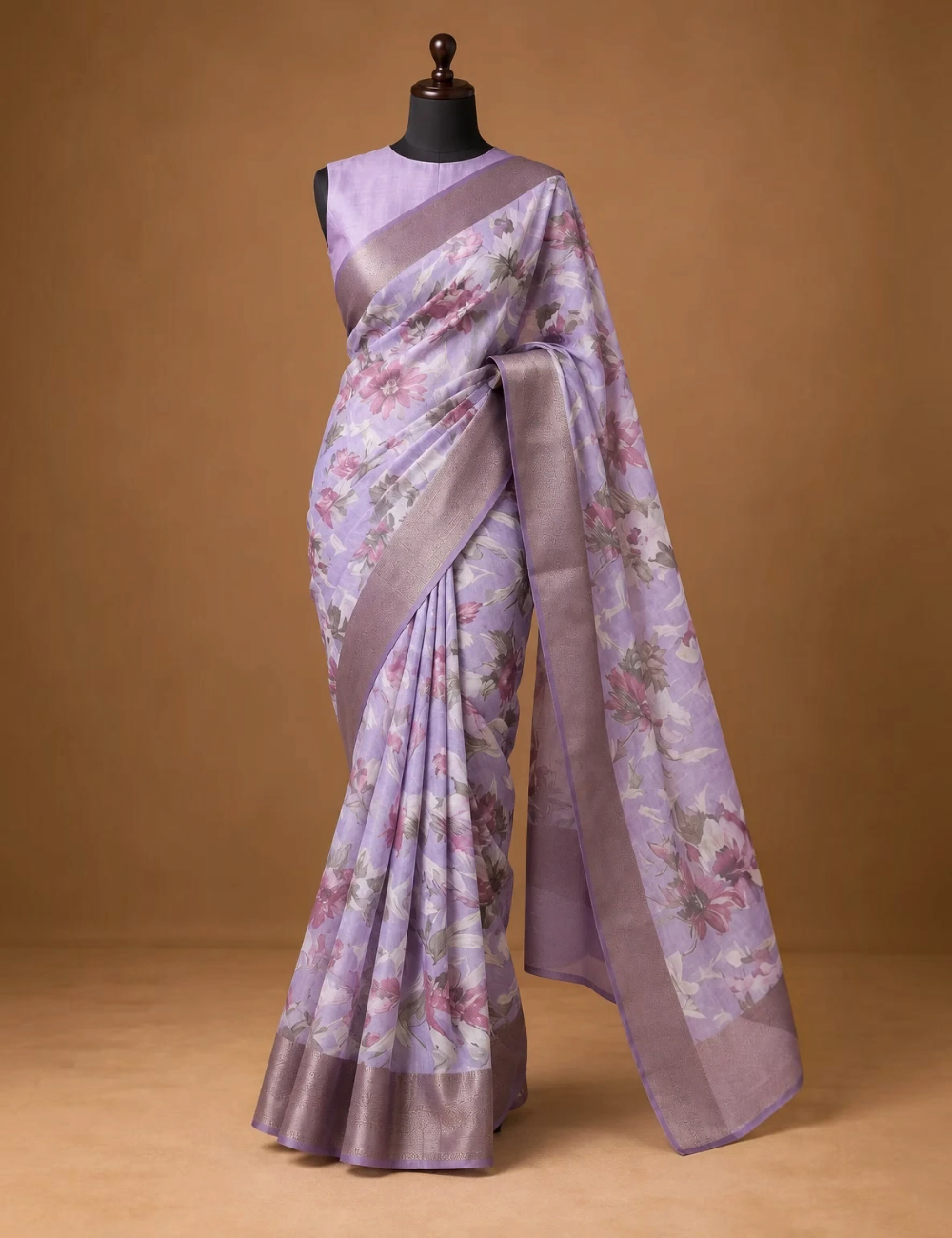 House Of Paramya lavender Tussar silk saree featuring a floral print and a woven copper zari border on a mannequin.