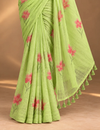 House Of Paramya lime green linen cotton saree with coral floral print and decorative tassel border