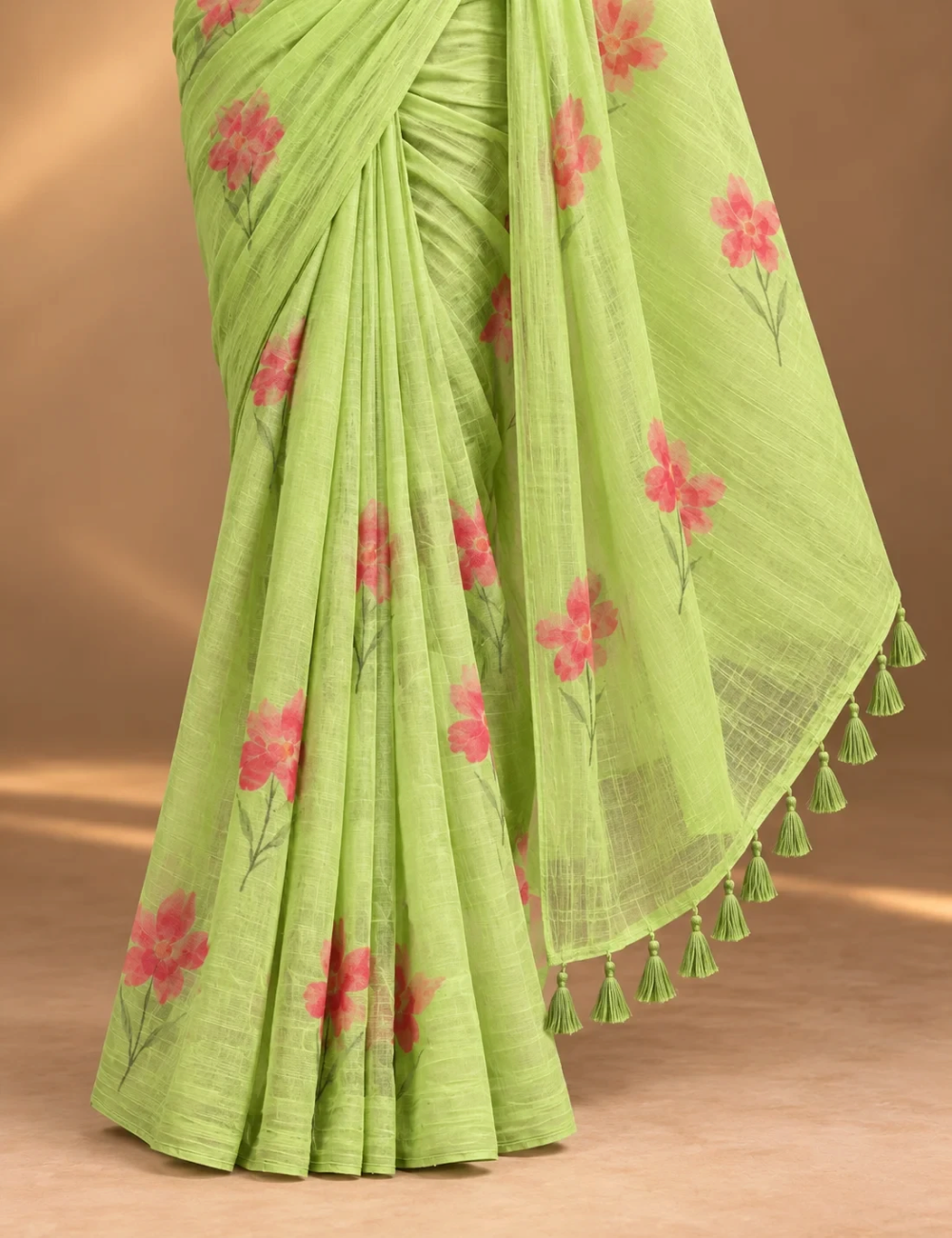 House Of Paramya lime green linen cotton saree with coral floral print and decorative tassel border
