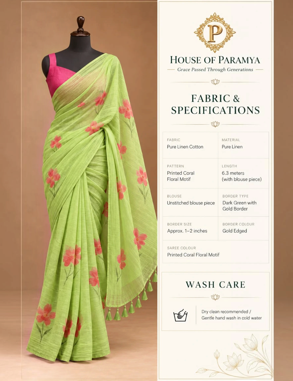 House Of Paramya lime green linen cotton saree with coral floral prints and a dark green gold border on a mannequin