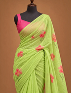 House Of Paramya lime green linen cotton saree featuring coral floral prints and a dark green gold border