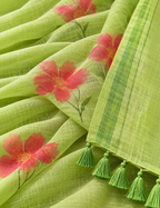 House Of Paramya lime green linen cotton saree featuring coral floral prints and a dark green border with tassels