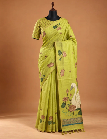 House Of Paramya lime green tussar silk cotton saree featuring woven lotus and swan motifs with a tassel pallu