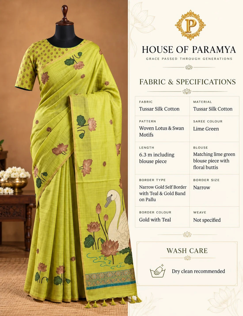 House Of Paramya lime green tussar silk cotton saree featuring woven lotus and swan motifs with a tassel pallu.