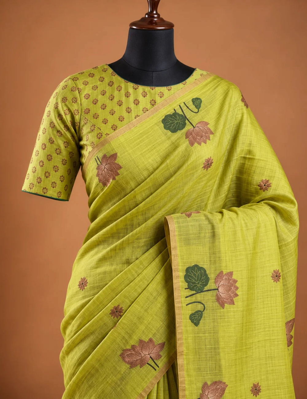 House Of Paramya lime green tussar silk cotton saree featuring woven lotus motifs and a matching floral blouse piece