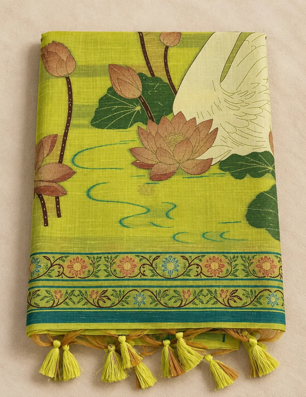 House Of Paramya lime green tussar silk cotton saree featuring woven lotus and swan motifs with a tassel pallu