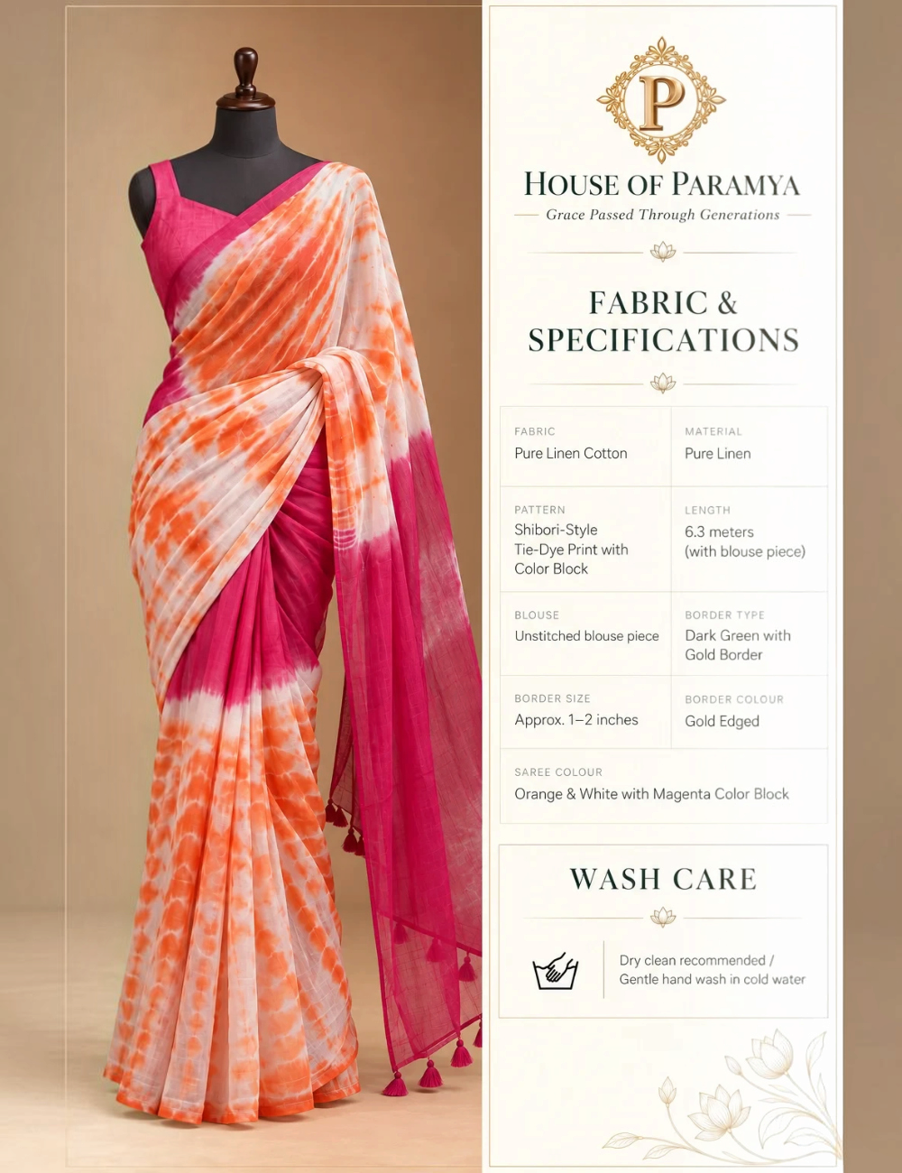 House Of Paramya orange and white linen cotton saree with magenta shibori print and dark green gold border