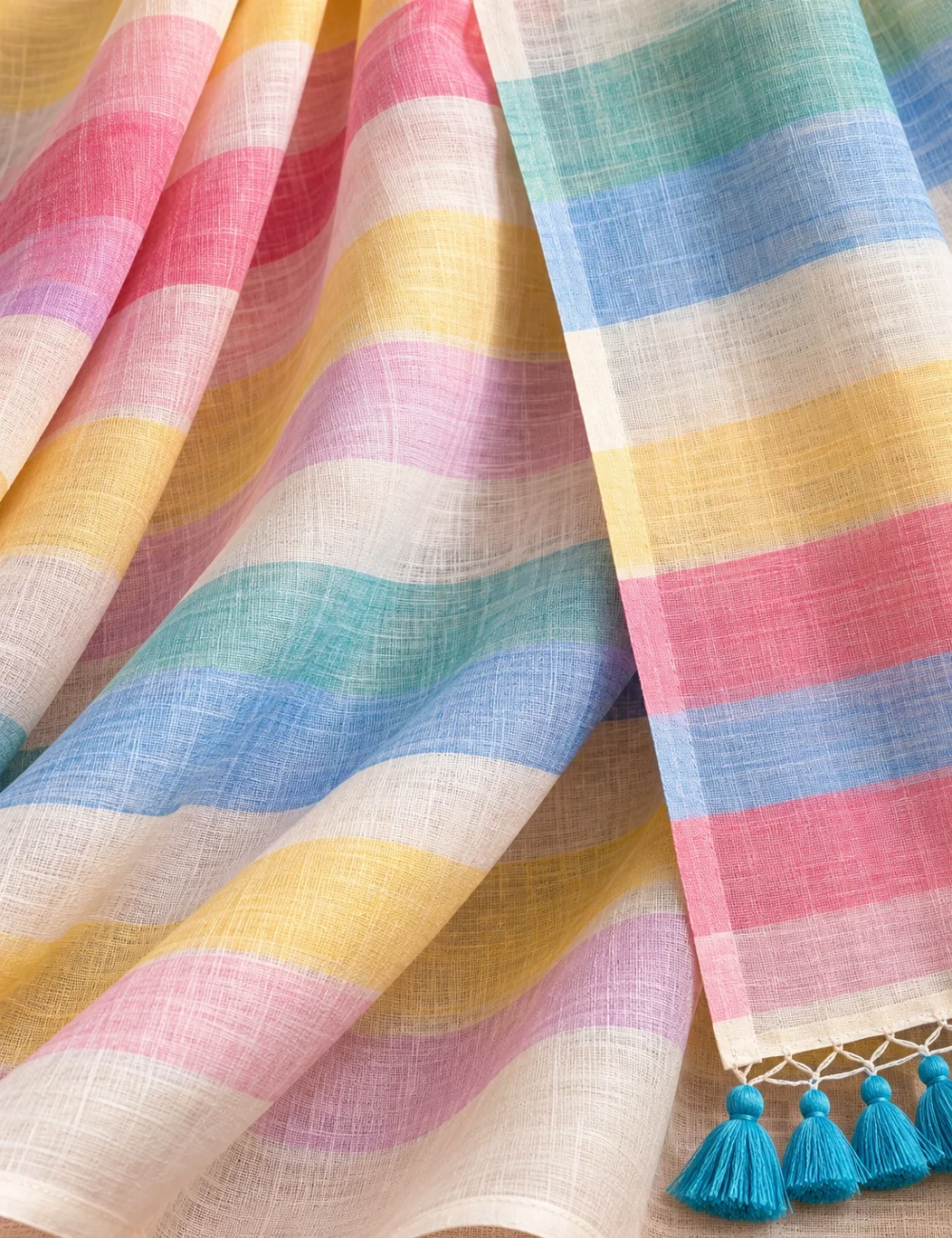House Of Paramya white linen cotton saree featuring pastel rainbow stripes and a gold border with blue tassels