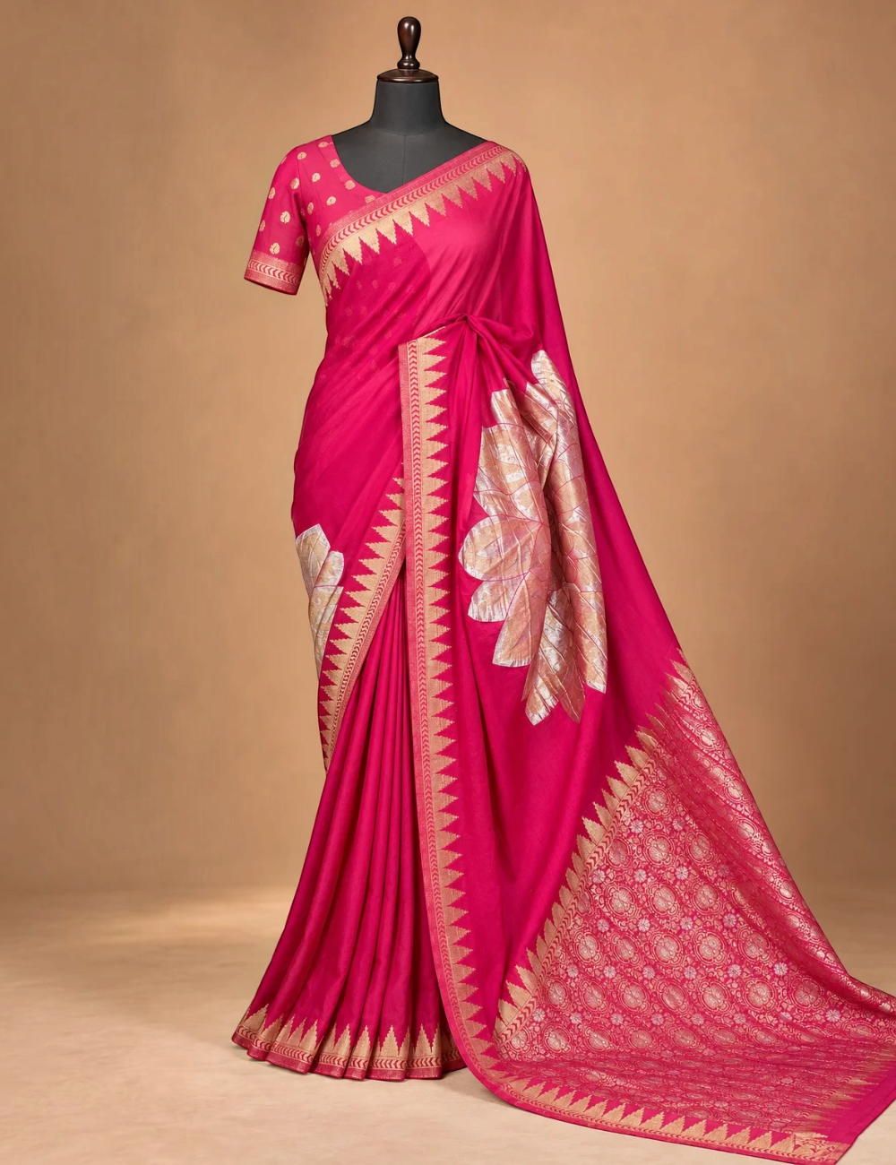 House Of Paramya magenta pink Chinon silk saree featuring an oversized gold leaf motif and zigzag temple border.