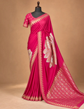 House Of Paramya magenta pink Chinon silk saree featuring an oversized gold leaf motif and zigzag temple border.