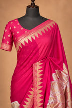 House Of Paramya magenta pink Chinon silk saree with gold zigzag temple border and oversized metallic leaf motif