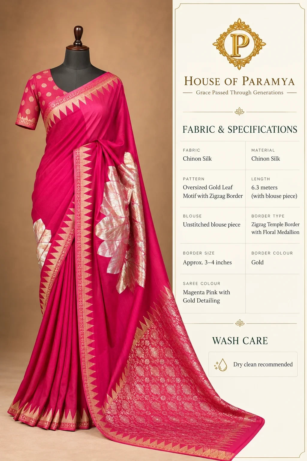 House Of Paramya magenta pink Chinon silk saree with oversized gold leaf motif, zigzag border, and floral hemline.