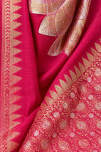 House Of Paramya magenta pink Chinon silk saree with gold leaf motif, zigzag temple border, and floral medallion hem.