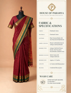House Of Paramya maroon Chettinad cotton saree with bottle green border featuring antique gold zari peacock motifs.