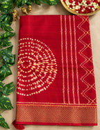 House Of Paramya maroon and orange ombre viscose vegan silk saree with gold zari border and bandhani mandala print